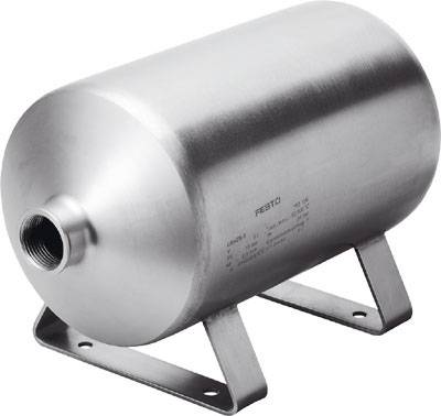 Cylindrical metal container with a side connection pipe, mounted on two support feet. Suitable for industrial applications.