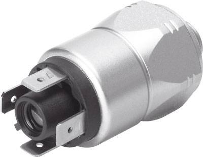 A silver adapter plug with a round casing and two flat metal contacts. Commonly used for electronic connections.