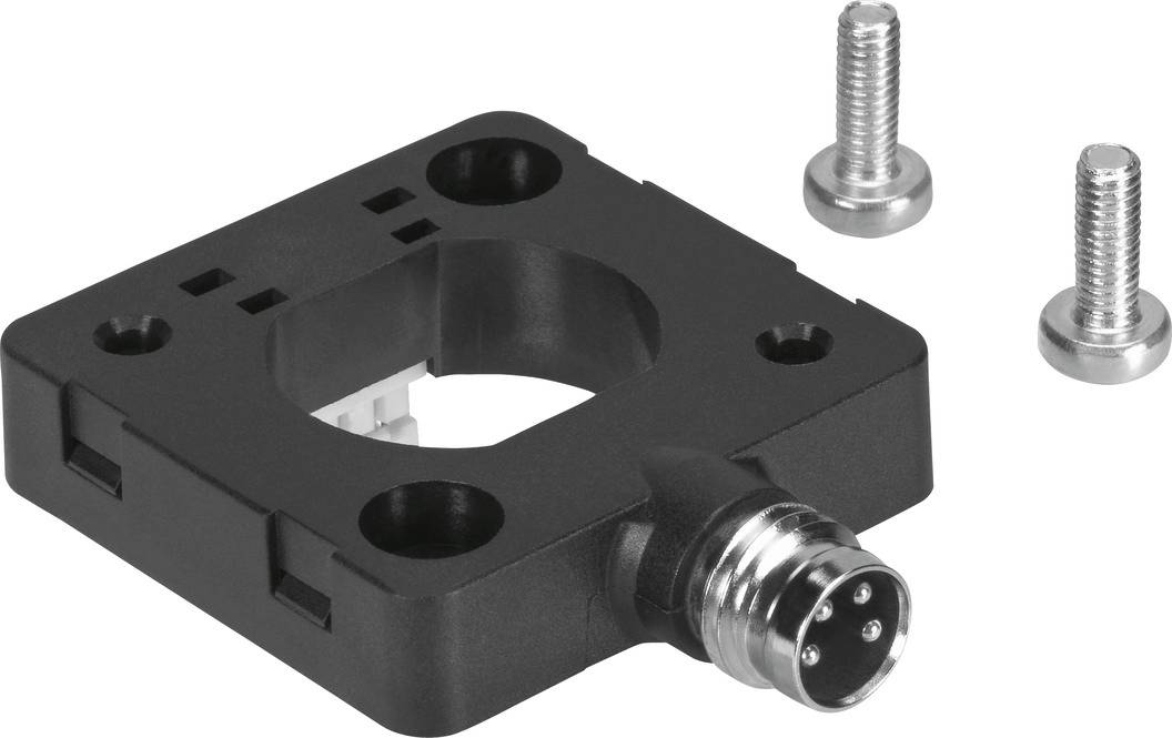 A rectangular black adaptor with a round metal plug and two screws beside it, for mechanical mountings.