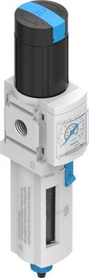 Pneumatic pressure regulator with pressure gauge, black upper cap, white base, blue adjustment knob, suitable for pressure monitoring in pneumatic systems.