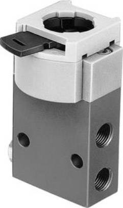 A pneumatic valve with two connection ports, a grey housing and a black switch, for control or regulation applications.