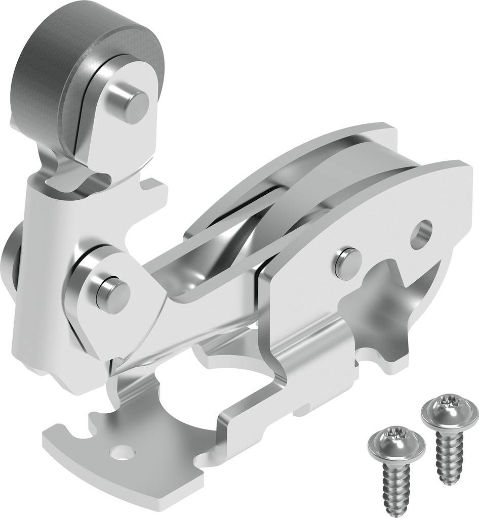 Metal hinge in silver, consisting of multiple parts, with two silver screws on a white background.