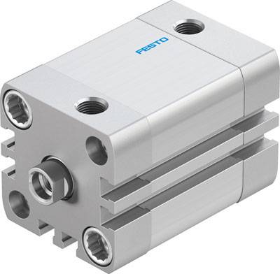 A compact, cylindrical pneumatic actuator by Festo, made of metal, with multiple connections, likely for industrial applications.