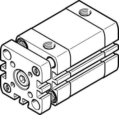 Drawing of a pneumatic cylinder with a rectangular housing and mounting screws, side view.