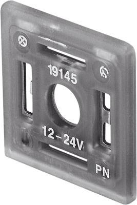 Plastic frame with the engraving '19145 12-24V PN', used for electrical components.