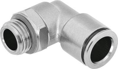 Metal angle connection for stainless steel pipework, with an external thread and a push-fit connection, suitable for industrial applications.