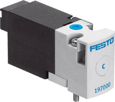 An electrical valve with the inscription 'FESTO 197000 C' displays a rectangular black and white design with a blue dot.
