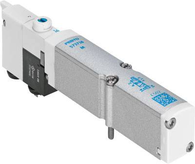 Electric valve with a silver casing, blue markings, and black connection. Suitable for industrial applications.