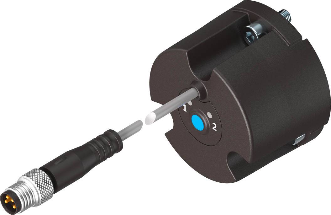 A cylindrical sensor with a plug and a blue button labelled '1' and '2' on the top surface.