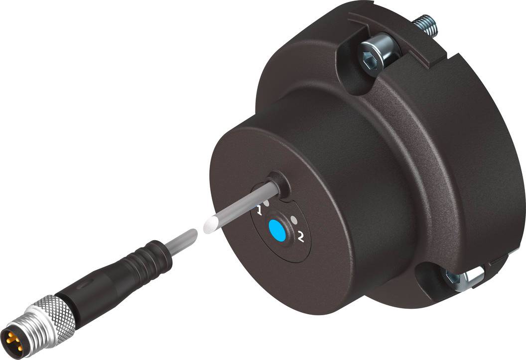 A cylindrical, black sensor with a plug connector and two screws; possibly an electrical component for industrial applications.