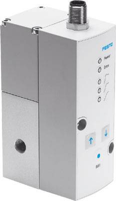 Cylindrical, grey Festo valve with arrow buttons and power and error indicator lights. Threaded connection at the top.