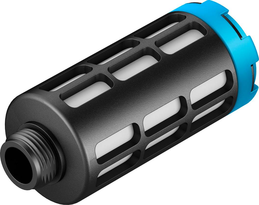 A cylindrical water filter with a black mesh housing and blue end.