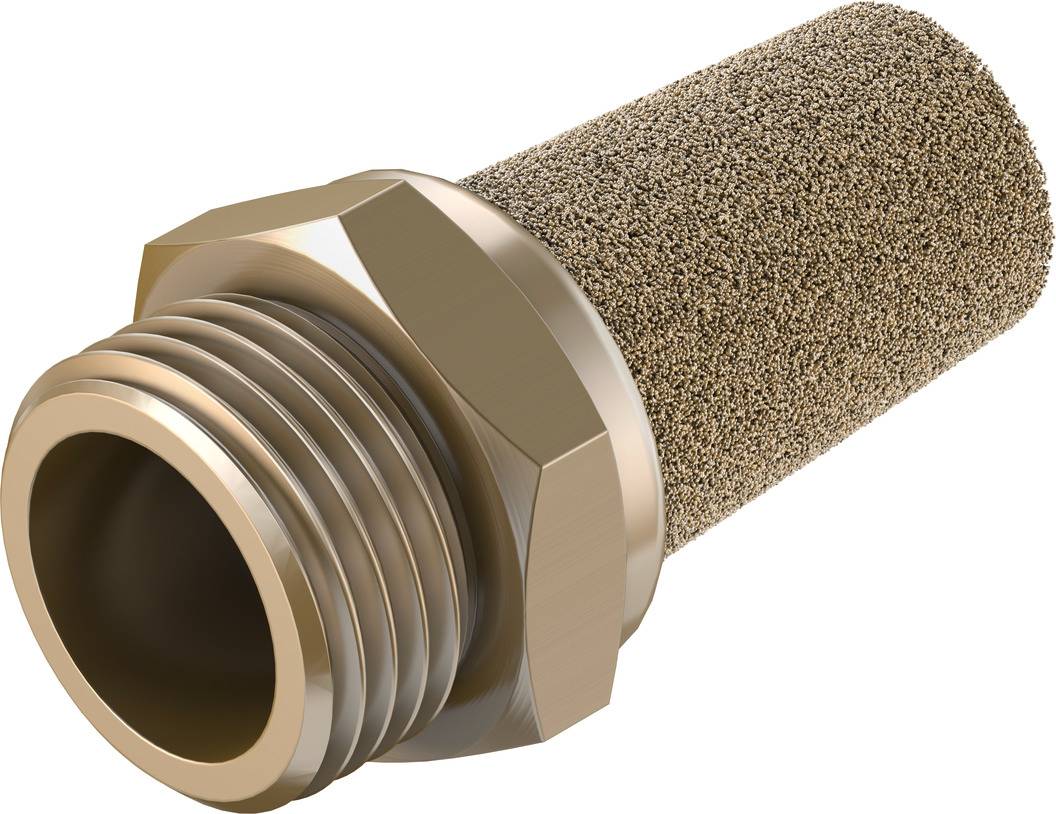 A cylindrical sintered bronze silencer with a hexagonal threaded connection, designed to reduce noise in compressed air systems.