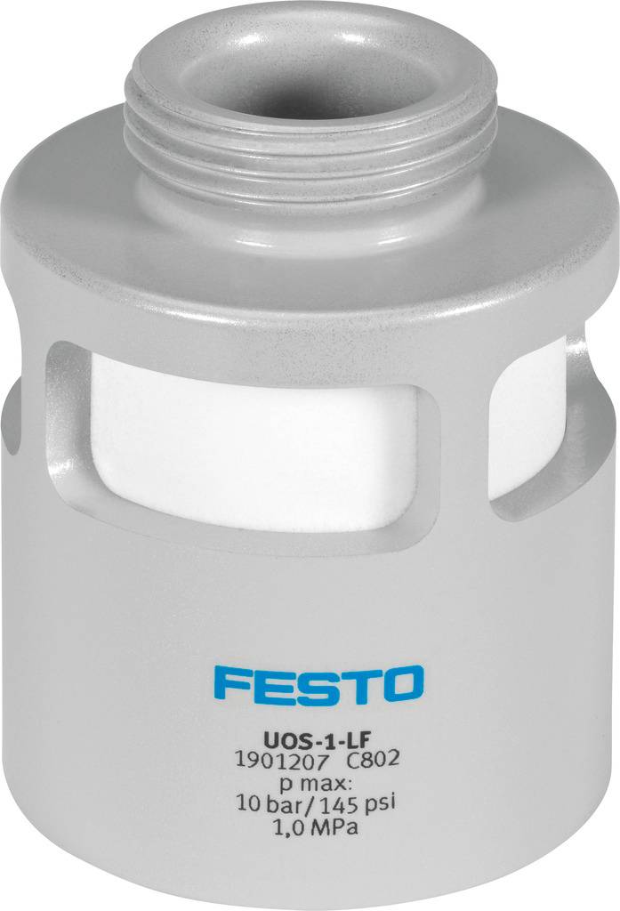 Silver Festo pneumatic filter, Model UOS-1-LF, shows maximum pressure information: 10 bar/145 psi, 1.0 MPa.