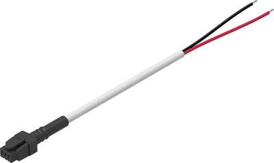 A cable with a plug on one side and two stripped wires in black and red on the other side.