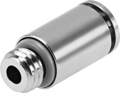 Silver, cylindrical metal adapter with threading, used for connecting pipes or cables in technical applications.