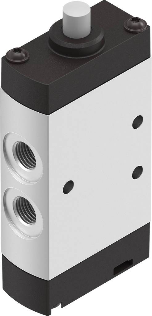 Valve with a rectangular housing, two connections, and a pressure piston on top. Used in pneumatic systems.