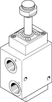 Technical drawing of a hydraulic valve block with connections and an adjustment knob on top.