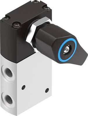 A ball valve with a blue-marked rotary knob, mounted on a silver block with two visible connection ports.