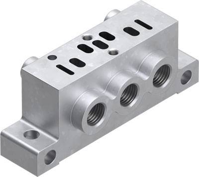 Metallic pneumatic distribution manifold with multiple threaded connections and openings on the upper surface, designed for the distribution of compressed air flows.