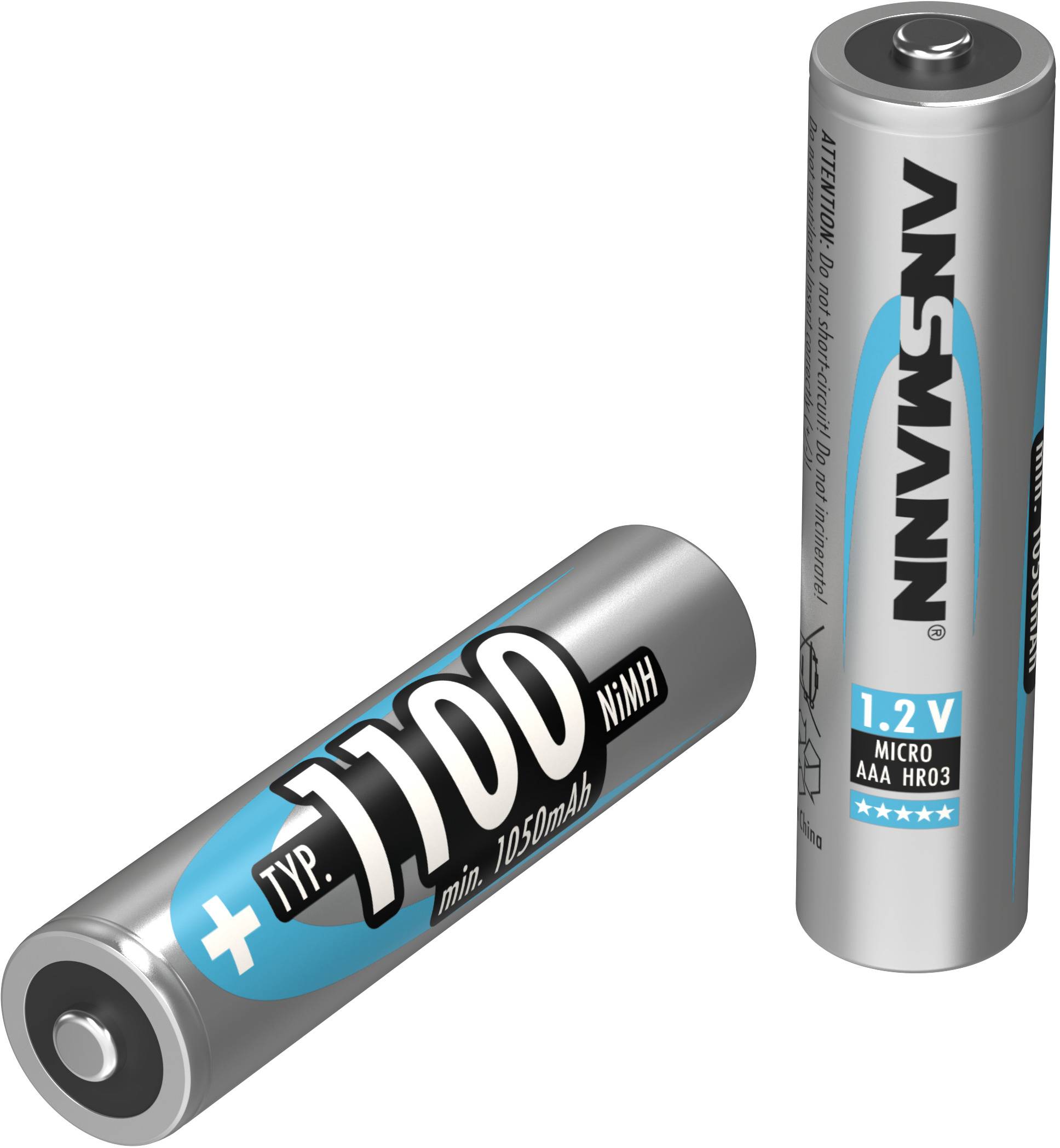 Two silver AAA batteries from the Ansmann brand, one lying down, one standing upright. The lying battery shows '1100 mAh NiMH', the upright one '1.2 V'.