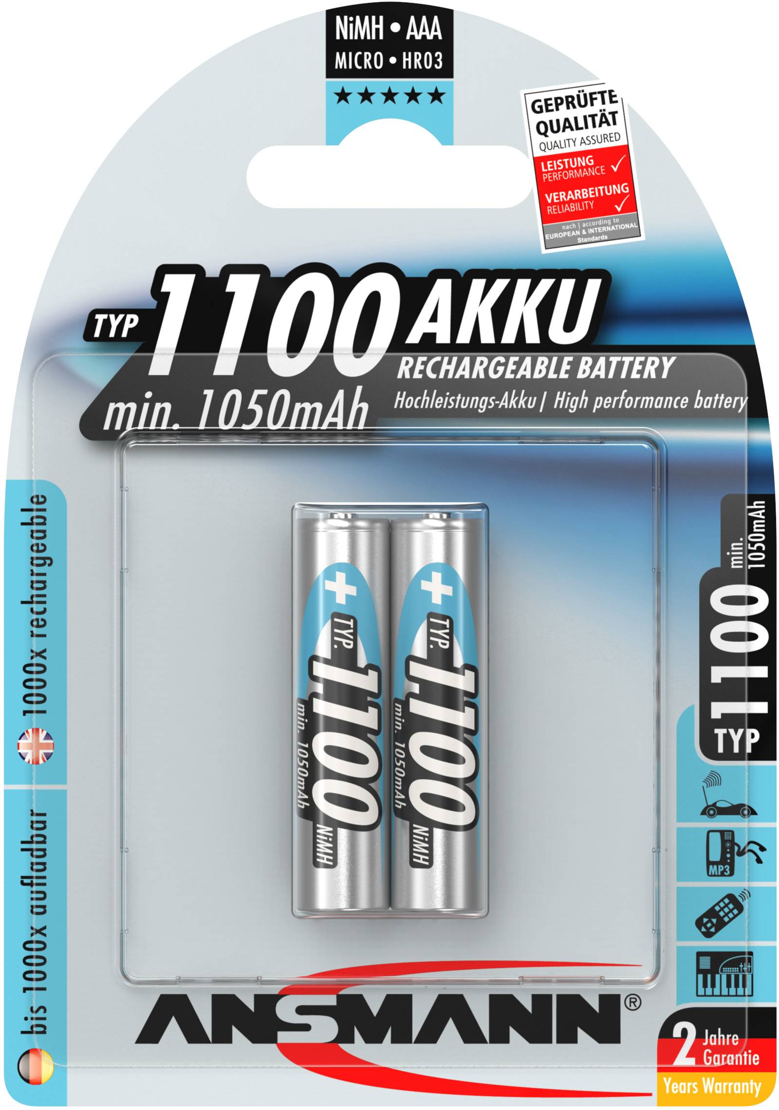 'Pack of 2 rechargeable AAA batteries, Type 1100, 1050mAh, NiMH, Ansmann brand. With 2 years' warranty and tested quality.'