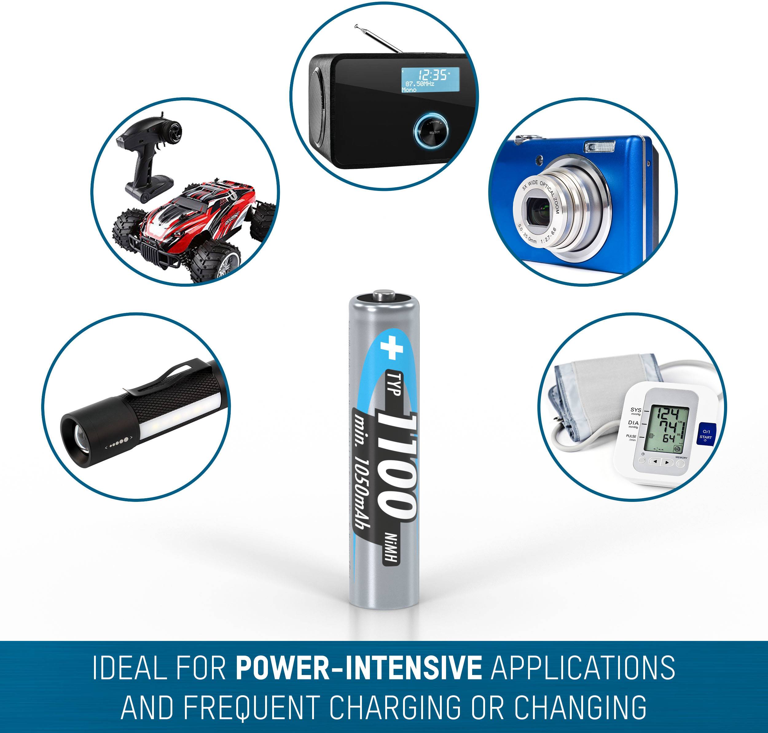 'Rechargeable Battery Type 1100 mAh' in the centre, surrounded by symbols for remote-controlled car, radio, camera, torch, and blood pressure monitor. Suitable for high-energy applications.