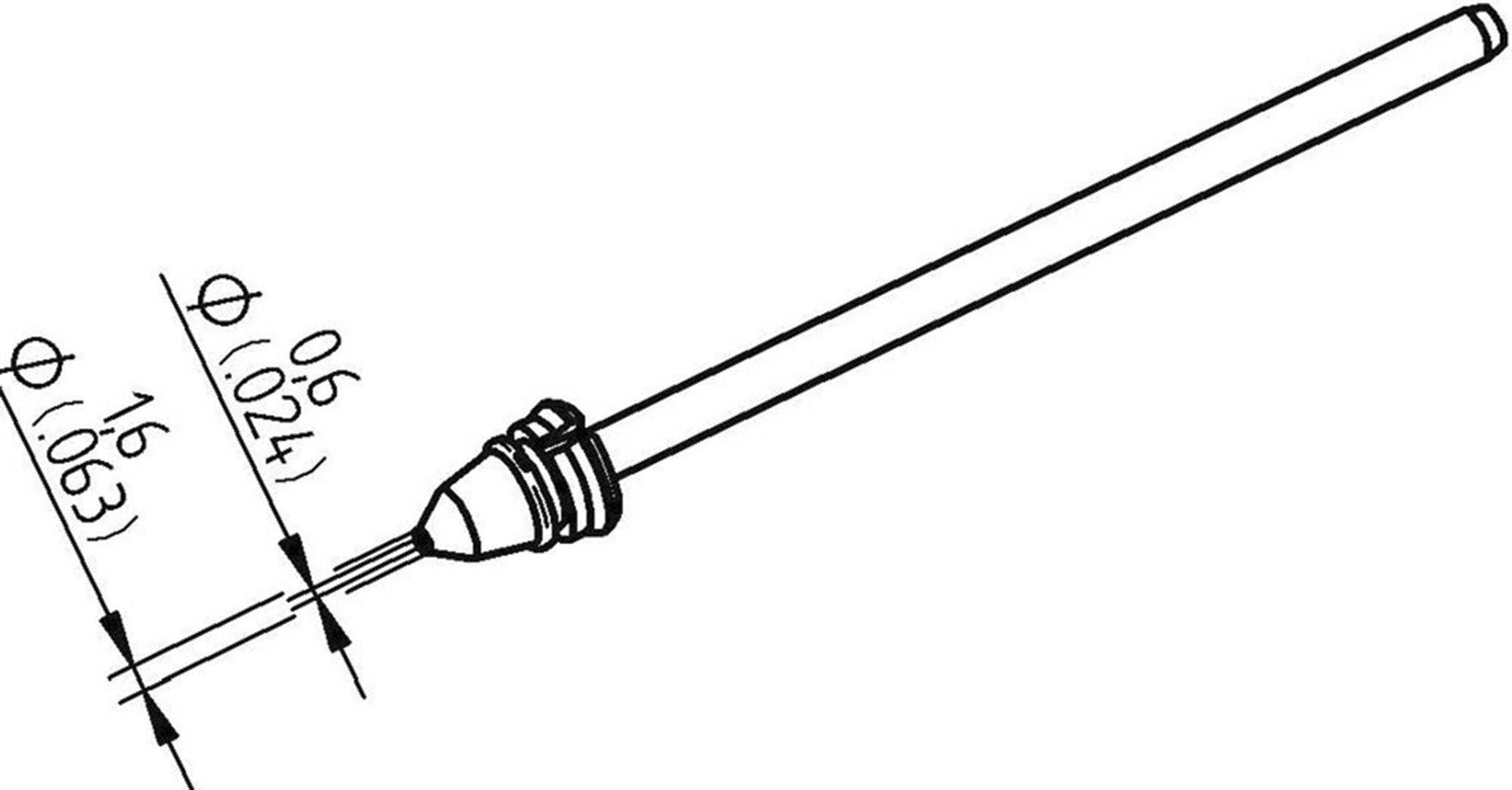 Technical drawing of a long, cylindrical pin with precise dimensional specifications. Key details are diameter 0.6 mm and 1.6 mm.