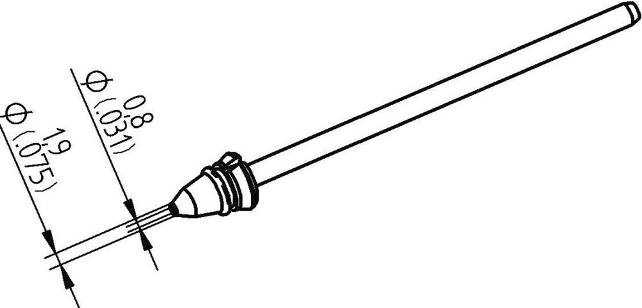 Technical drawing of a slender cylinder with a point, integrated into a round base, accompanied by dimensional specifications in millimetres.