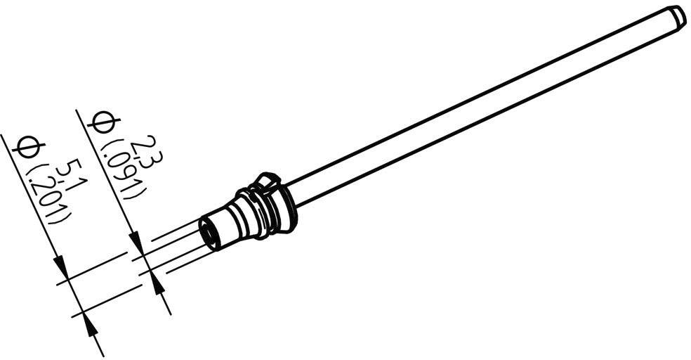 Technical drawing of a cylindrical metal pin with marked diameters: 5.1 and 2.3 mm. Pin has a tapered end.