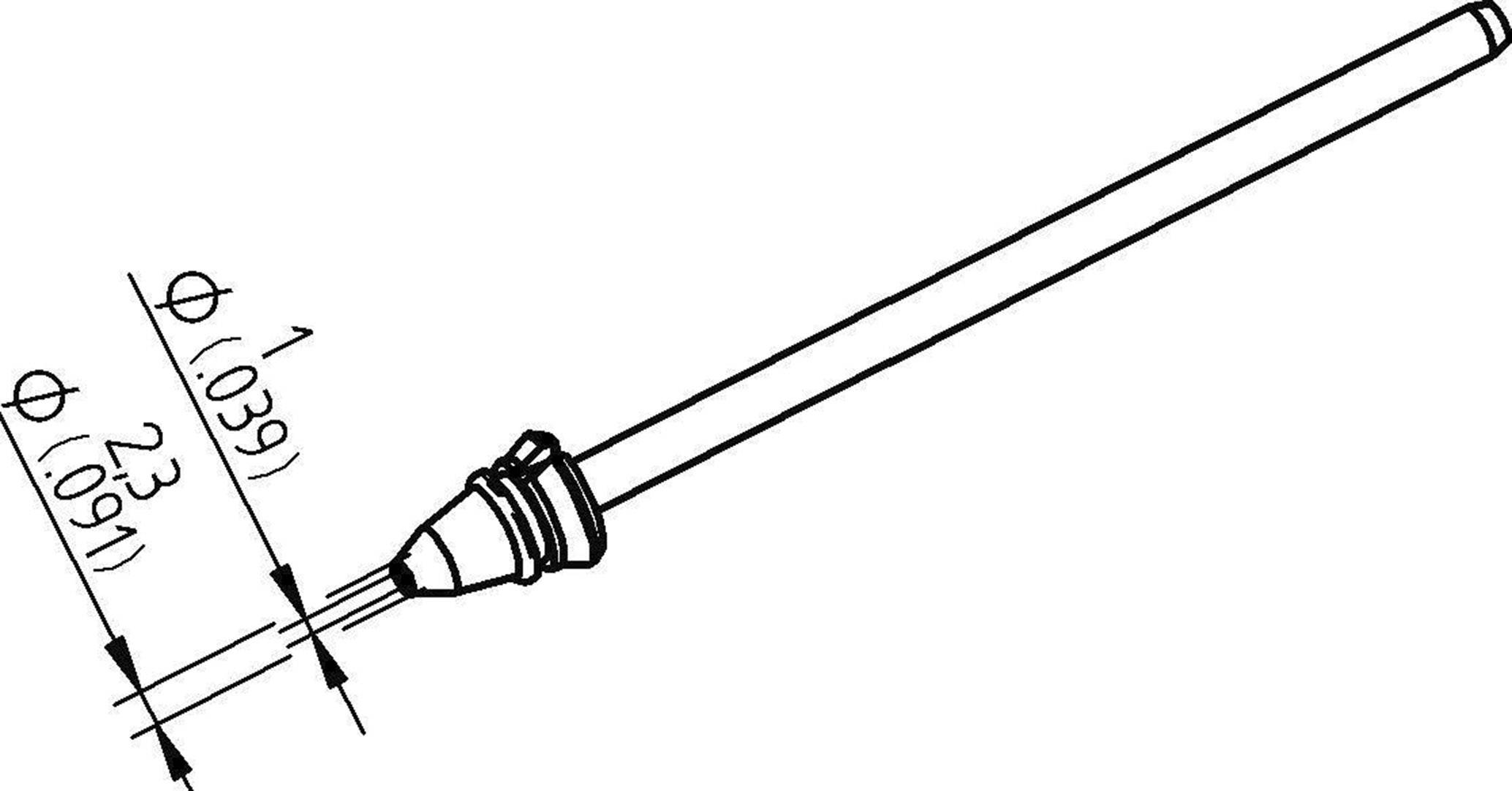 Technical drawing of a nozzle with dimensional specifications: Overall diameter 1 mm, narrower sections with 0.91 mm and 0.39 mm diameter.