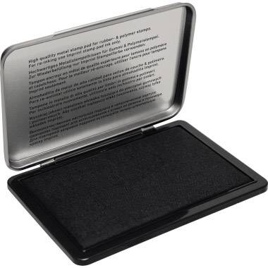 An open black metal ink pad for rubber and polymer stamps on a white background.