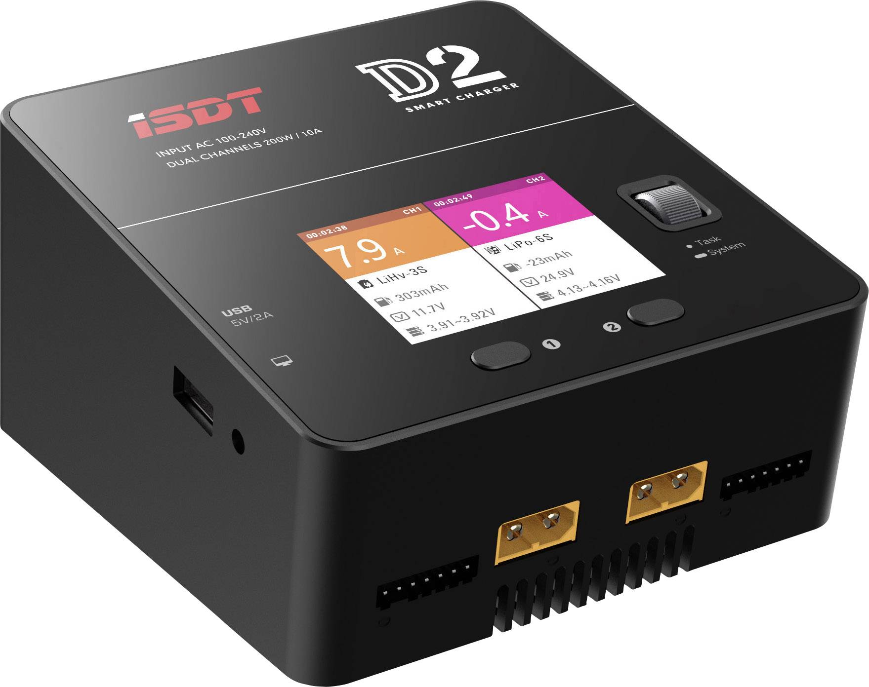 Black charger with digital display. Shows charging information: 7.9A, -0.4V, Capacity 702mAh. Two ports at the bottom.