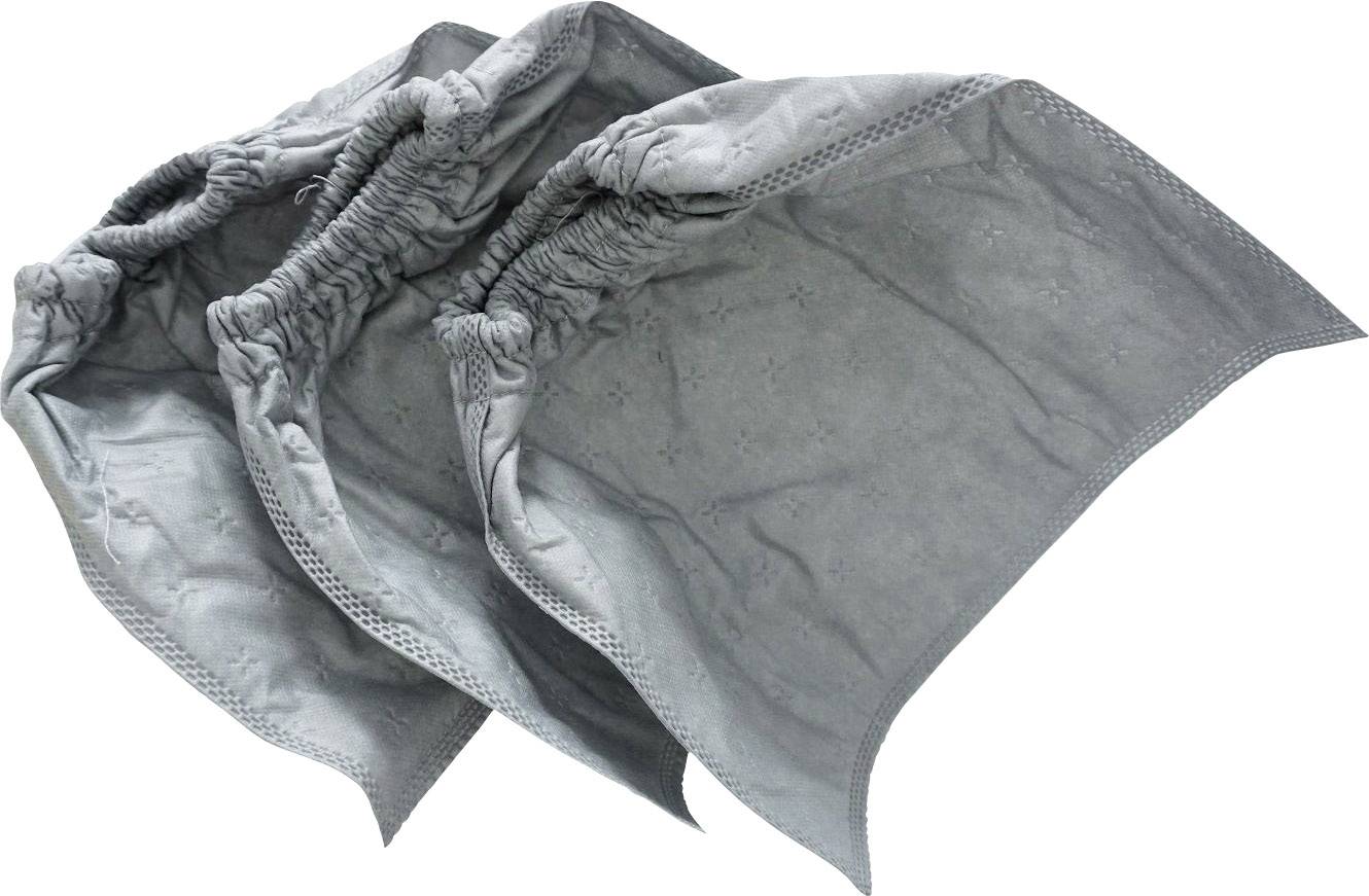Three grey protective covers or filter bags with gathered, elastic openings lie side by side.