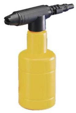 A yellow spray bottle with a black spray nozzle, suitable for distributing liquids in household or gardening tasks.