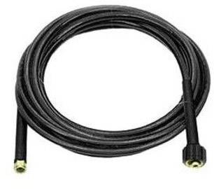Black garden hose with brass connectors, coiled in a circle