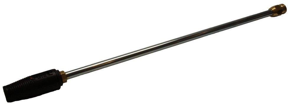 A long, metallic pressure washer lance with a black grip sleeve and a small gold-coloured nozzle at the end.