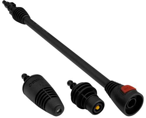 Pressure Washer Accessories: Set of three black nozzle attachments for pressure washers, each with different connection types.