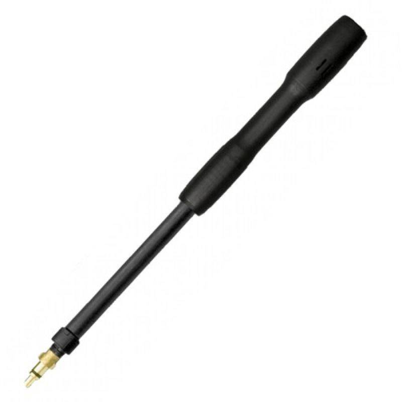 A black high-pressure washer lance with a brass connection, used for direct high-pressure spraying, typically during cleaning work.