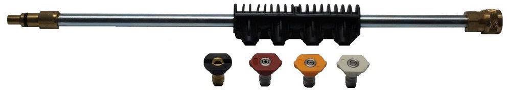 Tube with black cooling fins and various nozzle tips in multiple colours underneath.