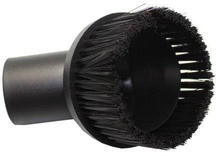 Black round brush for vacuum cleaner with dense bristles, designed for cleaning hard-to-reach areas.