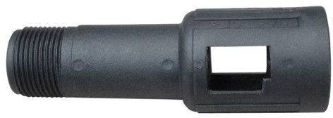 Black plastic pipe with a square cutout and ribbed end, possibly part of a hose connector.