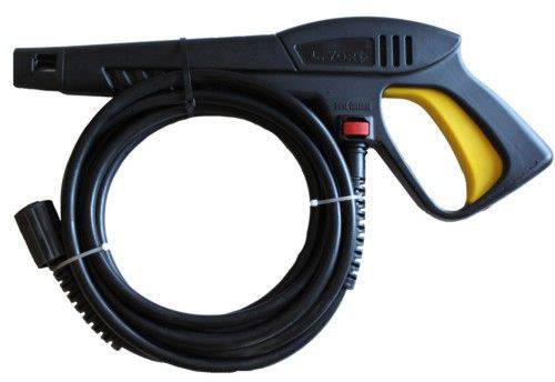 A black pressure washer gun with a yellow handle is connected to a long, coiled hose.