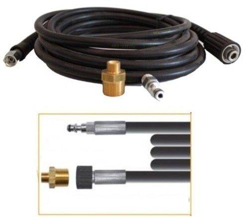 A coiled black high-pressure hose extension with an adapter is ready. A detailed connection is shown below.