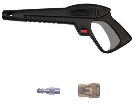 High-pressure spray gun with a red button, with two metal adapters underneath; left adapter with push-fit connection, right adapter with thread.