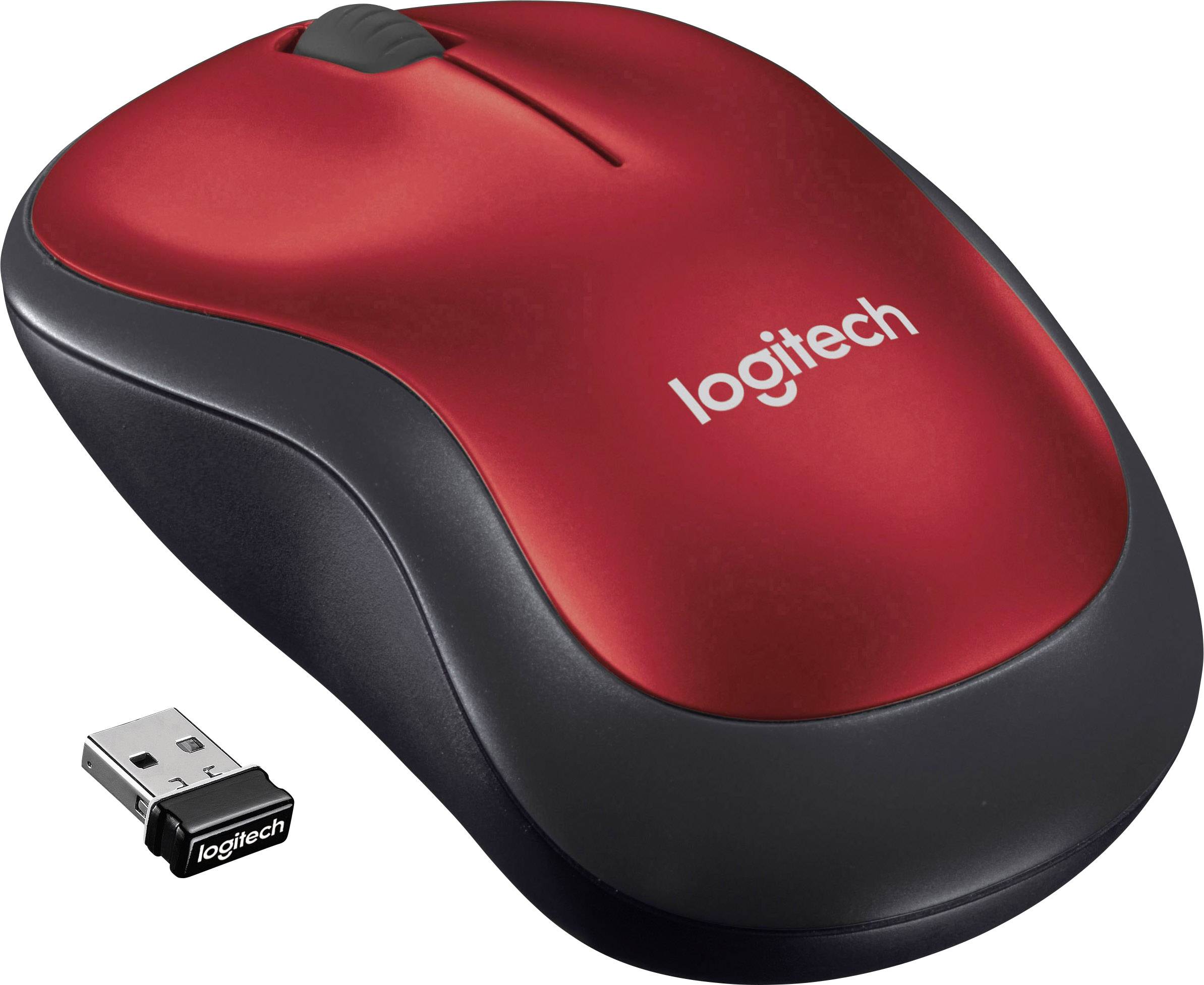 Red wireless computer mouse by Logitech next to a small USB receiver.