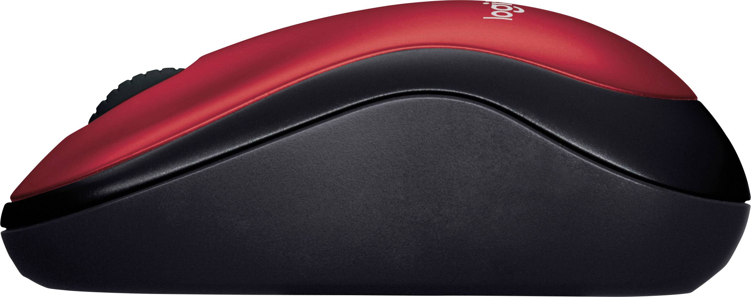 A wireless, red computer mouse with an ergonomic design, featuring black rubber side panels for improved grip.