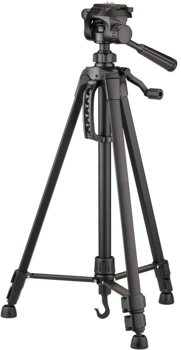 Black camera tripod with adjustable height legs and handle. Perfect for stable photography and video recordings.