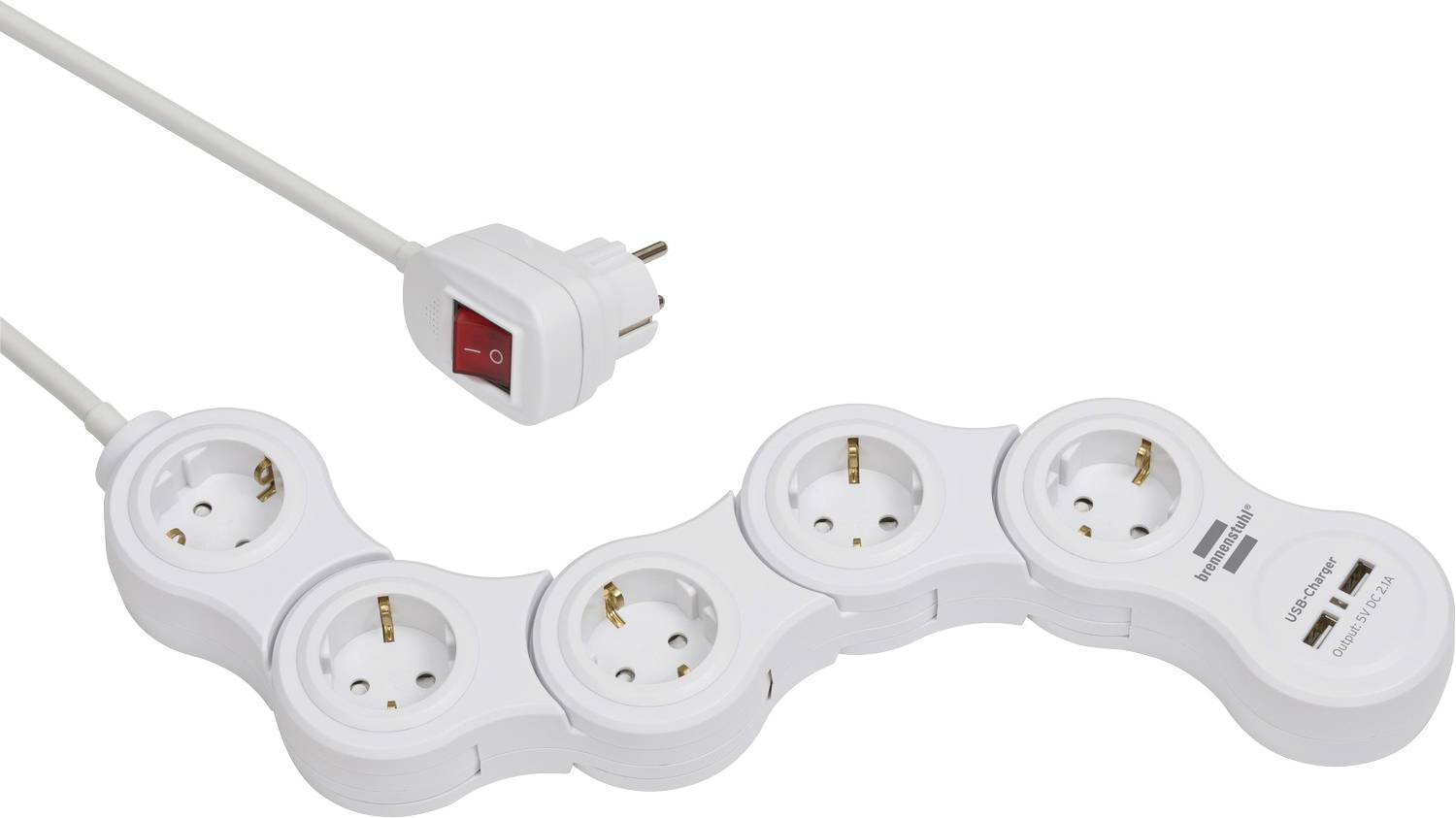 White power strip with five European outlets, a red on/off switch, and two built-in USB charging ports on the right end.