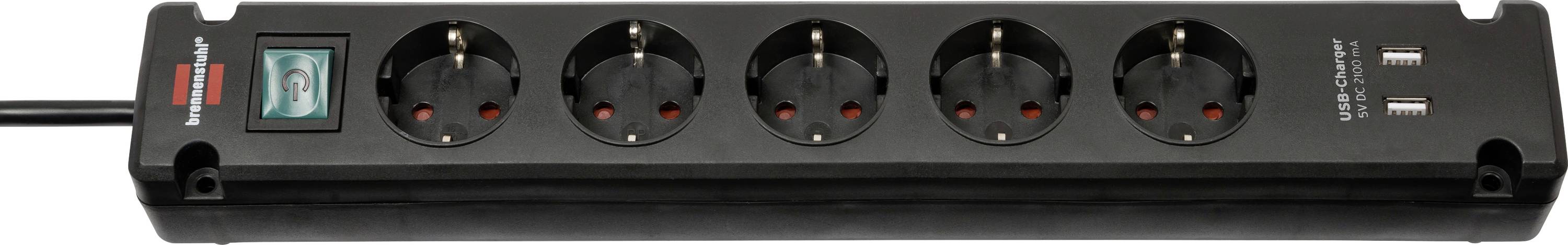 Black power strip with five round outlets, two USB ports, a small status light, and a built-in power switch